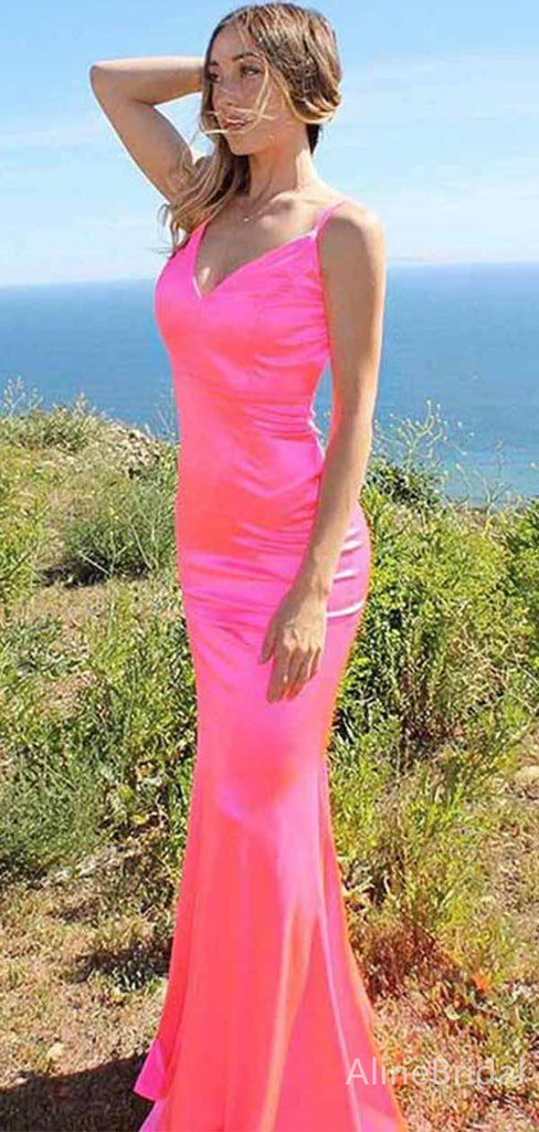 Elegant Hot Pink V-neck Backless Mermaid Long Prom Dress, PD381786