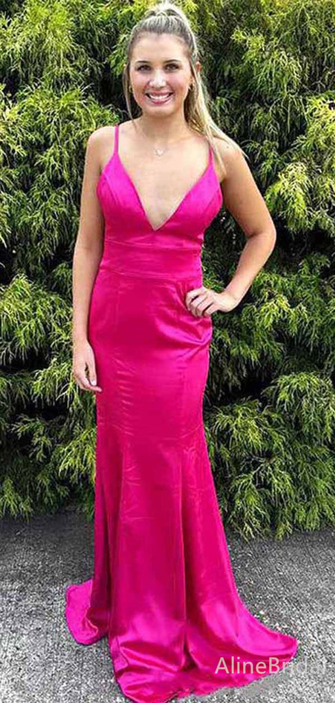 Sexy Hot Pink V-neck Spaghetti Strap Mermaid Long Prom Dress, Evening Dress, PD381787