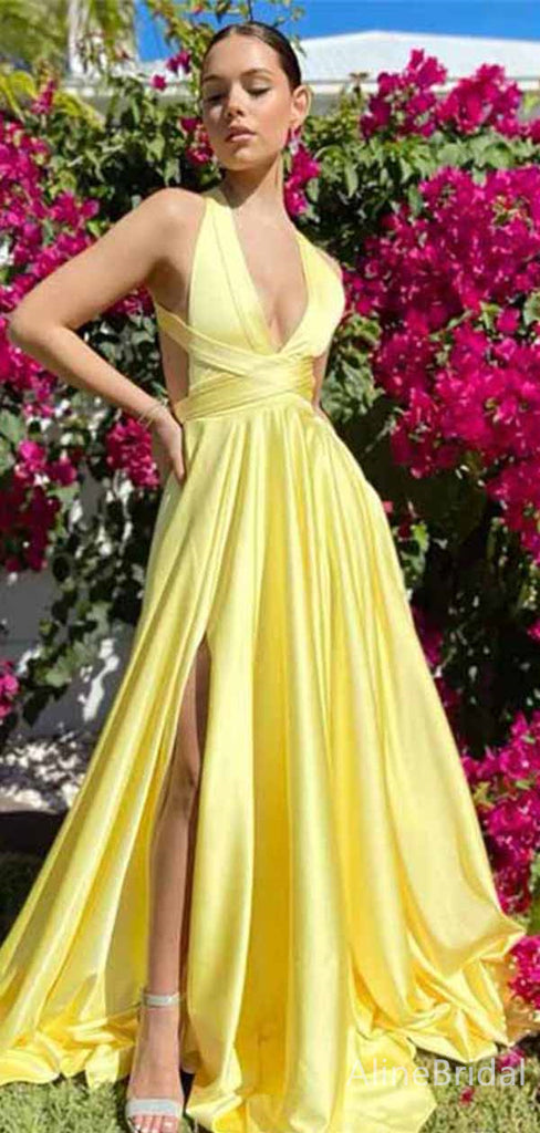 Stunning Yellow V-neck Side Slit A-line Long Prom Dress, Backless Evening Dress, PD381790