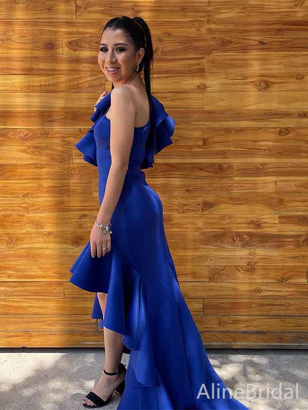 Elegant Royal Blue One Shoulder High-Low Ruffle Long Prom Dress, Evening Dress, PD381793