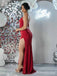 Elegant Red V-neck Pleated Mermaid Long Prom Dress with Slit, PD381799