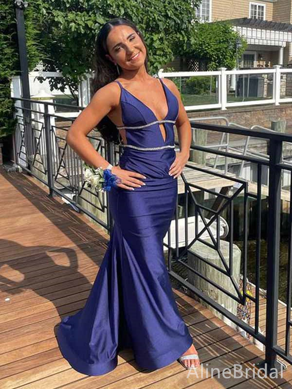 Sexy Purple Deep V-neck Spaghetti Strap Mermaid Long Prom Dress, PD381802