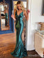 Sexy Green Cowl Neck Spaghetti Strap Mermaid Long Prom Dress, PD381803