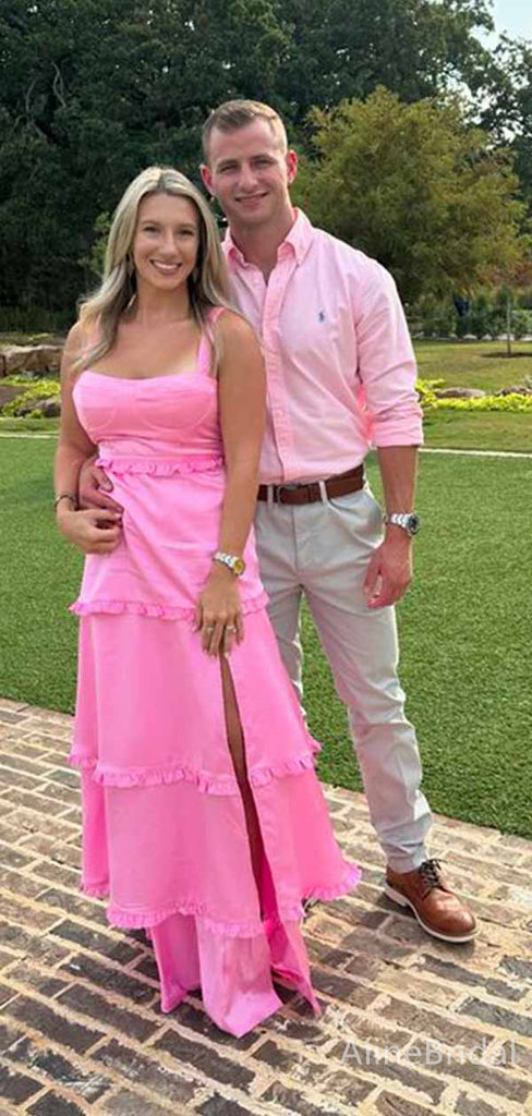 Elegant Pink Split Side A-line Ruffles Tiered Long Prom Dress,PD381805