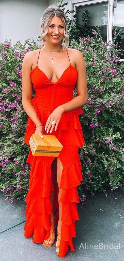 Sexy Red V-neck Side Slit A-line Ruffles Tiered Prom Dress, PD381817