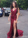 Elegant Burgundy V-neck Side Slit Mermaid Long Prom Dress, Evening Dress, PD381819