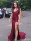 Elegant Burgundy V-neck Side Slit Mermaid Long Prom Dress, Evening Dress, PD381819