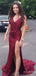 Elegant Burgundy V-neck Side Slit Mermaid Long Prom Dress, Evening Dress, PD381819