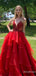 Gorgeous Red V-neck Lace Applique A-line Long Layered Tulle Prom Dress, PD381822