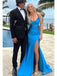 Gorgeous Blue V-neck Backless Mermaid Long Prom Dress with Slit, PD381823