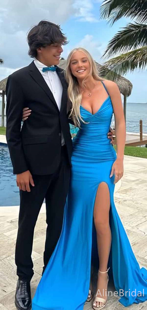 Gorgeous Blue V-neck Backless Mermaid Long Prom Dress with Slit, PD381823