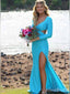 Elegant Tiffany Blue V-neck Cut-Out Long Sleeves Mermaid Long Prom Dress with Slit, PD381827