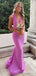 Elegant Purple V-neck Halter Backless Mermaid Long Prom Dress,PD381829
