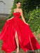 Gorgeous Red Sweetheart Spaghetti Strap A-line Long Prom Dress with Slit, PD381832