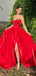 Gorgeous Red Sweetheart Spaghetti Strap A-line Long Prom Dress with Slit, PD381832