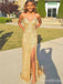 Sparkly Gold V-neck Spaghetti Strap Side Slit Mermaid Long Prom Dress, Evening Gown, PD381834