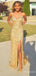 Sparkly Gold V-neck Spaghetti Strap Side Slit Mermaid Long Prom Dress, Evening Gown, PD381834