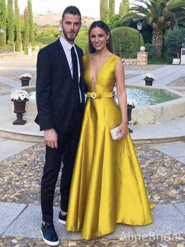 Elegant Yellow V-neck A-line Long Prom Dress with Sash, Evening Dress, PD381835