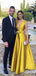 Elegant Yellow V-neck A-line Long Prom Dress with Sash, Evening Dress, PD381835