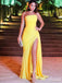 Elegant Yellow Strapless Pleated Mermaid Long Prom Dress with Slit,PD381837