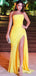 Elegant Yellow Strapless Pleated Mermaid Long Prom Dress with Slit,PD381837
