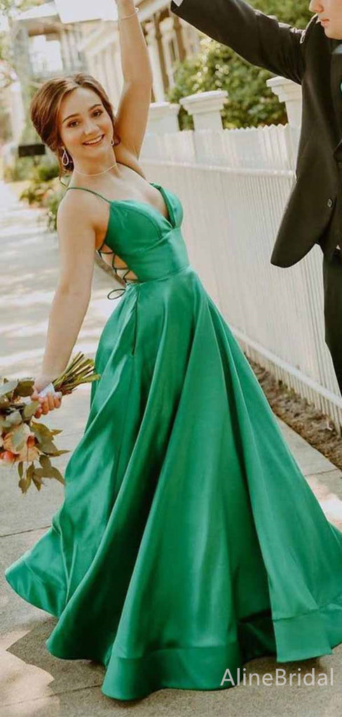 Gorgeous Green V-neck Spaghetti Strap Lace UP Back A-line Long Prom Dress,PD381840