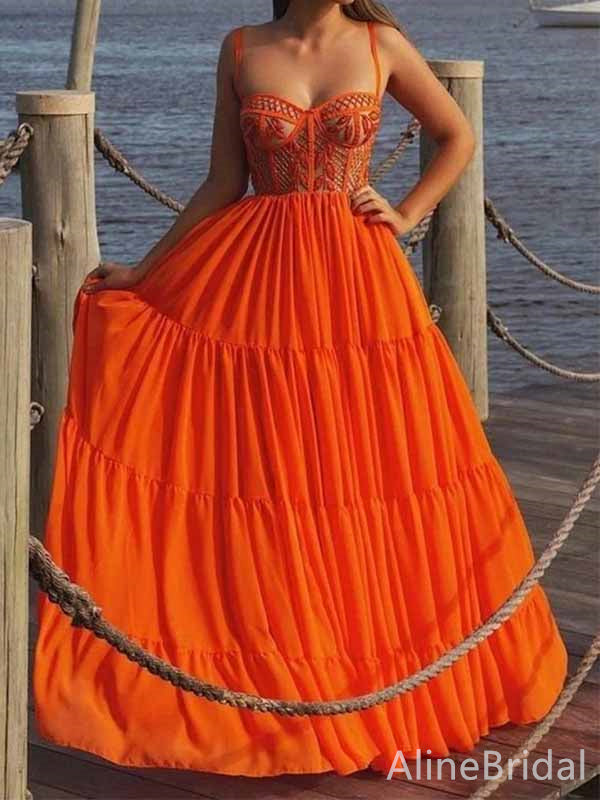 Gorgeous Orange Sweetheart Spaghetti Strap A-line Tiered Prom Dress, PD381844