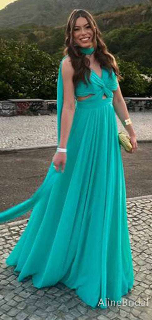 Gorgeous Teal V-neck A-line Long Prom Dress with Cut Out, PD381846
