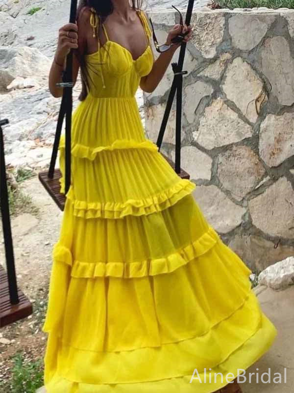 Gorgeous Yellow Chiffon V-neck Spaghetti Strap A-line Long Tiered Ruffle Prom Dress,PD381852