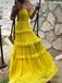 Gorgeous Yellow Chiffon V-neck Spaghetti Strap A-line Long Tiered Ruffle Prom Dress,PD381852