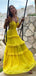 Gorgeous Yellow Chiffon V-neck Spaghetti Strap A-line Long Tiered Ruffle Prom Dress,PD381852