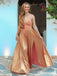 Elegant Rose Gold V-neck Strapless Pleated A-line Long Prom Dress with Slit, PD381859