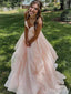 Gorgeous  Peach Pink V-neckA-line Long Tiered Tulle Ball Gown with Lace Up Back-Spaghetti Strap, PD381863