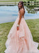Gorgeous  Peach Pink V-neckA-line Long Tiered Tulle Ball Gown with Lace Up Back-Spaghetti Strap, PD381863