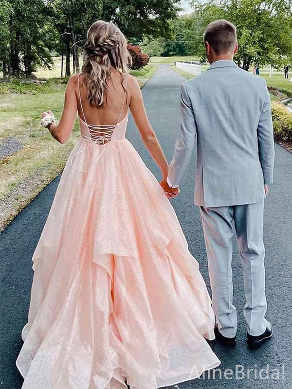 Gorgeous  Peach Pink V-neckA-line Long Tiered Tulle Ball Gown with Lace Up Back-Spaghetti Strap, PD381863