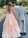 Gorgeous  Peach Pink V-neckA-line Long Tiered Tulle Ball Gown with Lace Up Back-Spaghetti Strap, PD381863