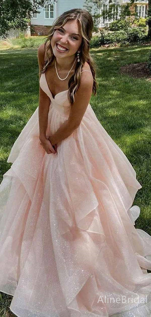 Gorgeous  Peach Pink V-neckA-line Long Tiered Tulle Ball Gown with Lace Up Back-Spaghetti Strap, PD381863