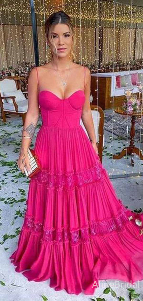 Sexy Hot Pink Sweetheart Spaghetti Straps A-line Long Prom Dress with Lace Applique, PD381864