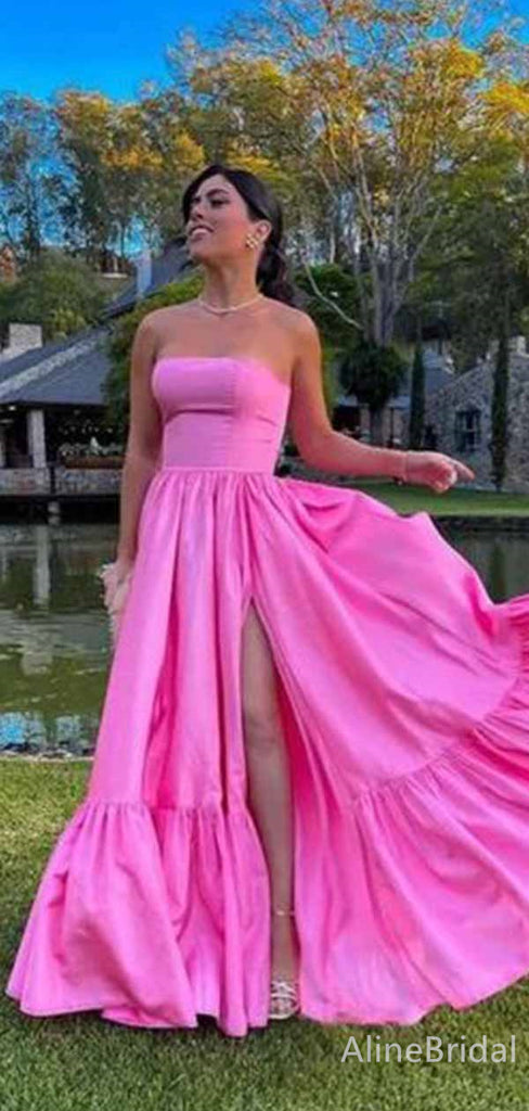 Elegant Pink Strapless Split Side A-line Long Prom Dress, Evening Dress, PD381866
