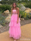 Gorgeous Spaghetti Strap Pink Corset A-line Long Tiered Tulle Prom Dress, Princess Dress, PD381867