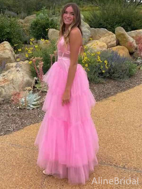 Gorgeous Spaghetti Strap Pink Corset A-line Long Tiered Tulle Prom Dress, Princess Dress, PD381867