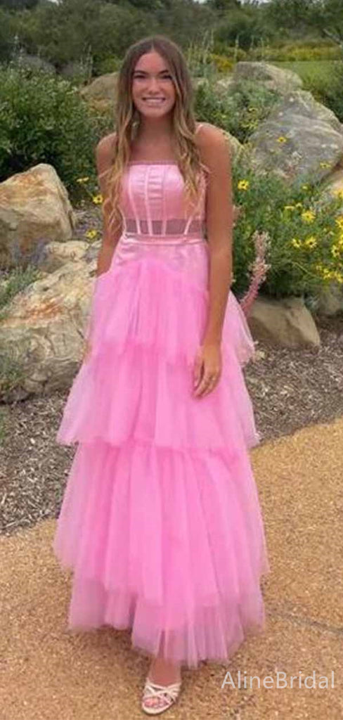 Gorgeous Spaghetti Strap Pink Corset A-line Long Tiered Tulle Prom Dress, Princess Dress, PD381867