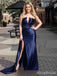 Sexy V-neck Strapless Navy Blue Mermaid Long Prom Dress with Slit, Evening Dress, PD381870