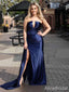 Sexy V-neck Strapless Navy Blue Mermaid Long Prom Dress with Slit, Evening Dress, PD381870