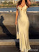 Sexy V-neck Light Yellow Spaghetti Strap Mermaid Long Prom Dress with Cut Out, PD381871