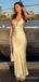 Sexy V-neck Light Yellow Spaghetti Strap Mermaid Long Prom Dress with Cut Out, PD381871