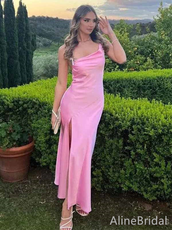 Simple Pink One Shoulder Side Slit Mermaid Long Prom Dress with Slit, PD381875
