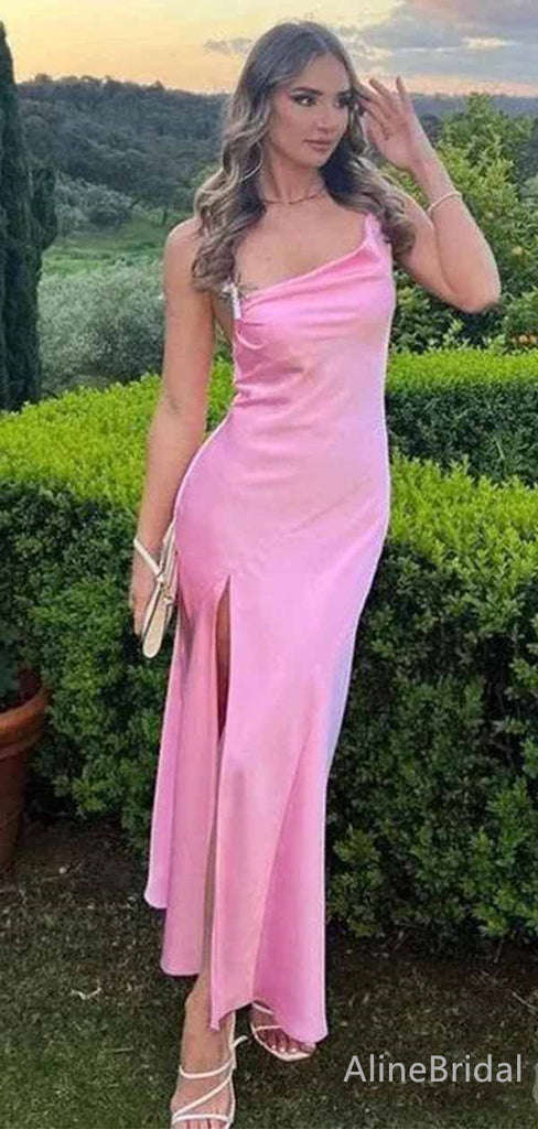 Simple Pink One Shoulder Side Slit Mermaid Long Prom Dress with Slit, PD381875