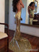 Stunning Gold Deep V-neck Spaghetti Strap Backless Long Mermaid Prom Dress, PD381880