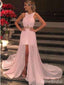 Elegant Pink Cross Shoulder Straps A-line Long Prom Dress with Slit, Evening Dress, PD381881